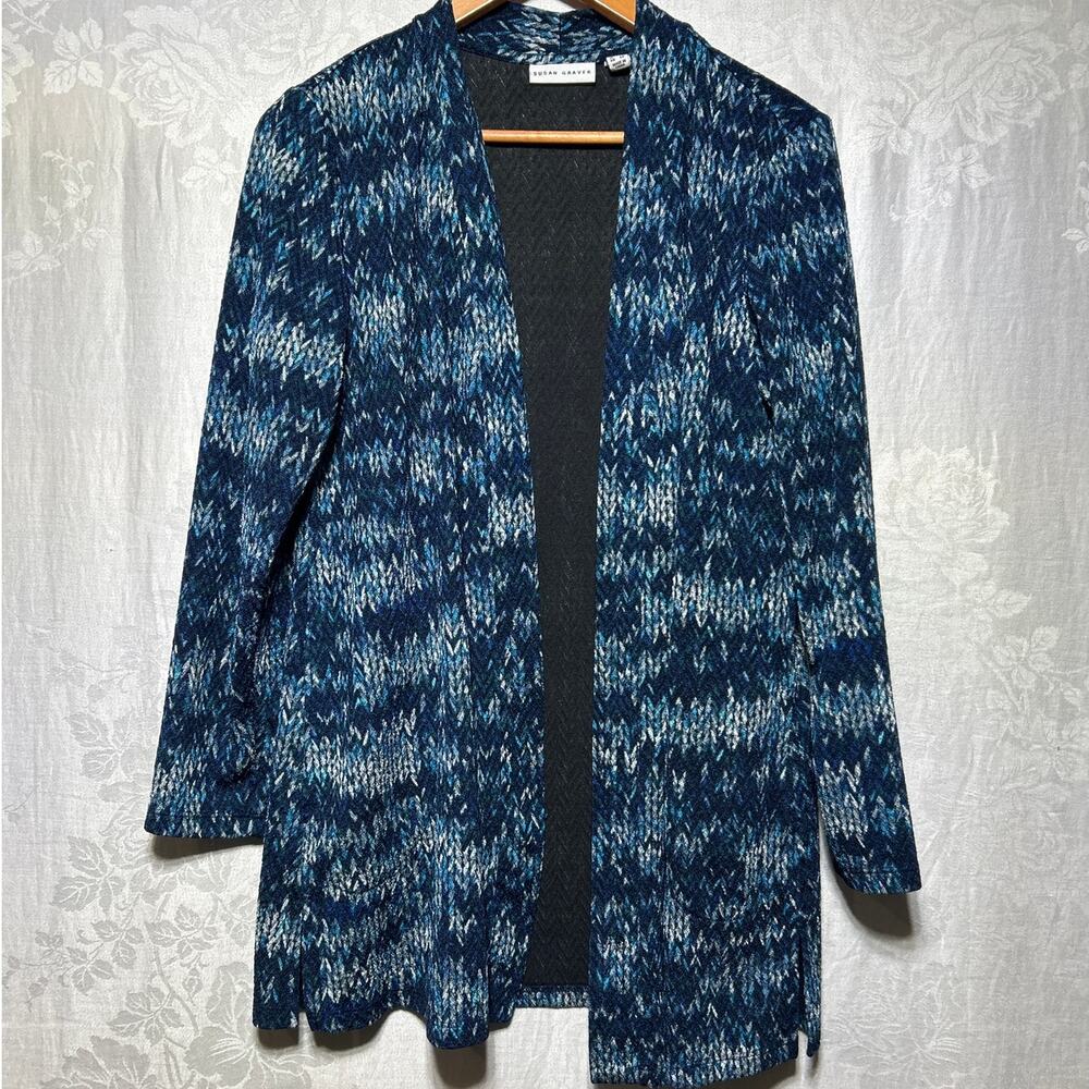 Susan Graver Open Cardigan Medium PETITE Black Blue Geometric Liquid Knit